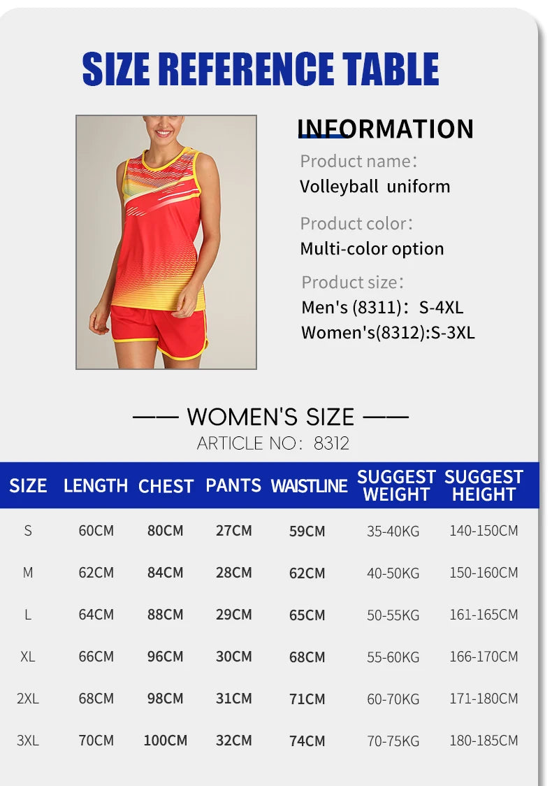 Size reference table for women's volleyball uniform with measurements including length, chest, waist, and suggested height.