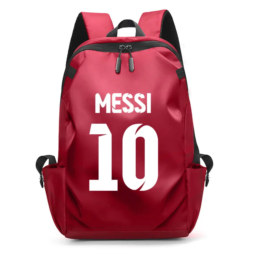 Red backpack featuring 'MESSI 10' design, perfect for students and fans, with soft handles and USB port.