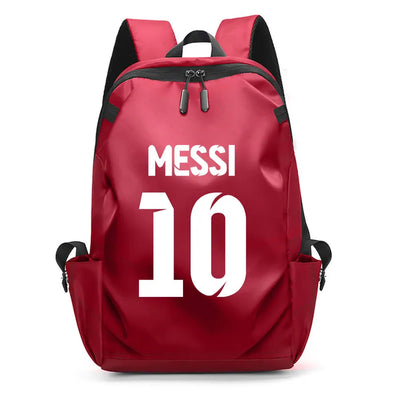 Red backpack featuring 'MESSI 10' design, perfect for students and fans, with soft handles and USB port.