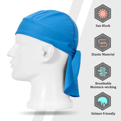 Side view of quick-dry blue cycling headband with features: sun block, elastic material, breathable, helmet-friendly.