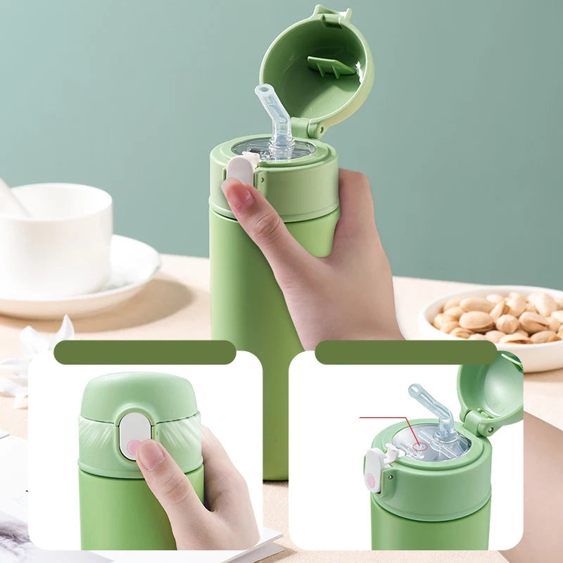 GIANXI stainless steel insulated water bottle with a straw, showcasing its green design and flip lid, ideal for keeping drinks hot or cold.