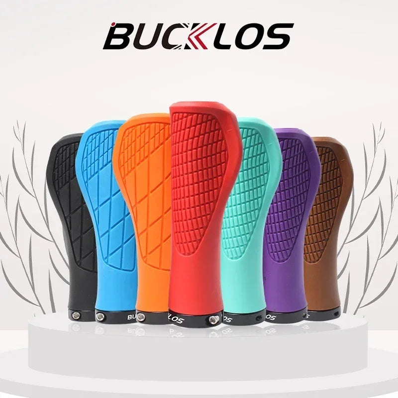 Colorful BUCKLOS MTB handlebar grips in various colors: black, blue, orange, green, purple, and brown. Ergonomic and lock-on design.
