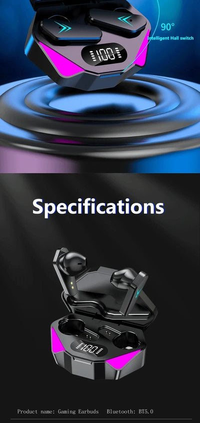 TWS Wireless Bluetooth gaming earbuds with low latency, showcasing specifications and sleek design in a charging case.