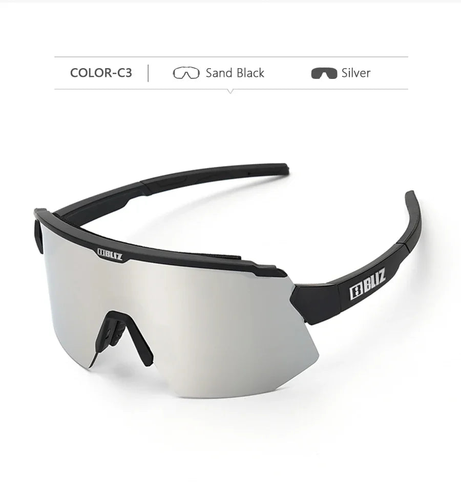BLIZ Breeze polarized cycling glasses in sand black with silver lens, offering UV protection for outdoor sports.
