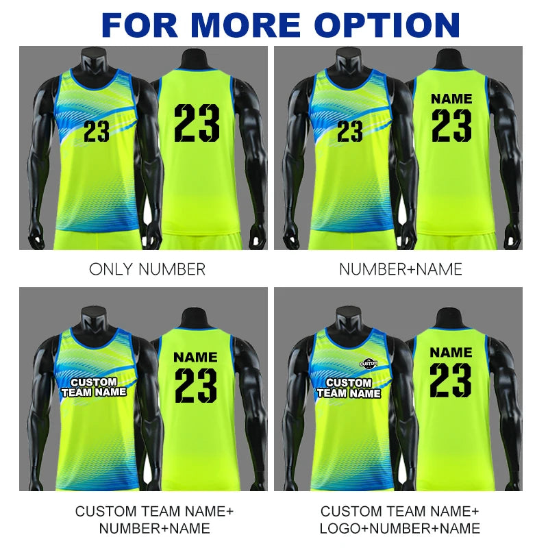 Customizable unisex marathon running suits featuring various options: only number, name, custom team name, and logo.