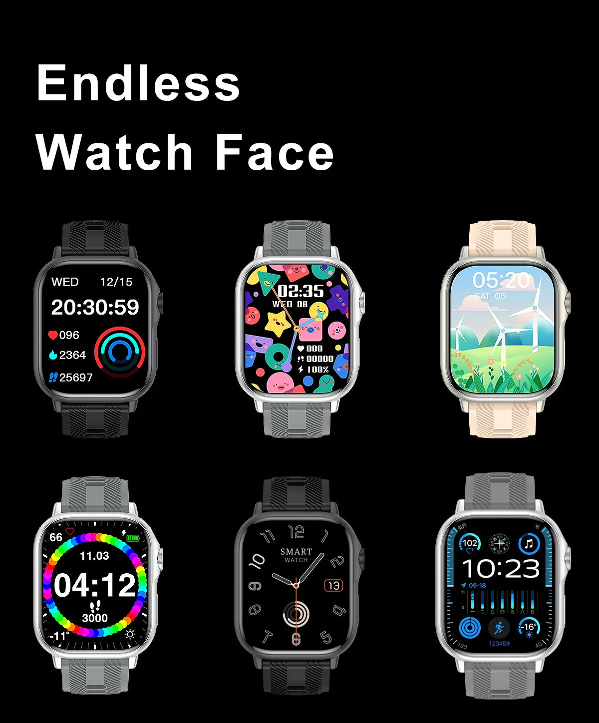 Six smart watch faces displaying various designs and functionalities on a black background.