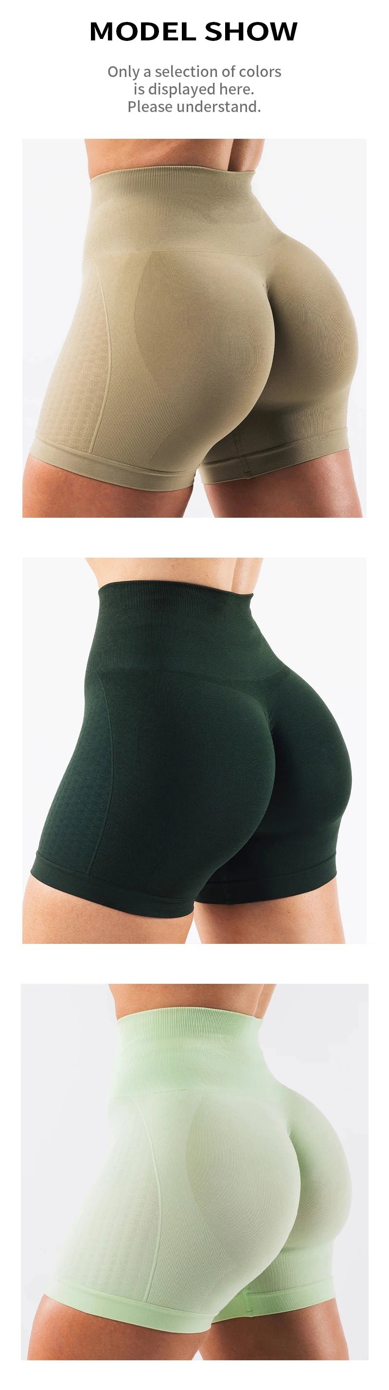 Women showcasing Amplify Contour Shorts in three colors: tan, dark green, and light green for active workouts and yoga.