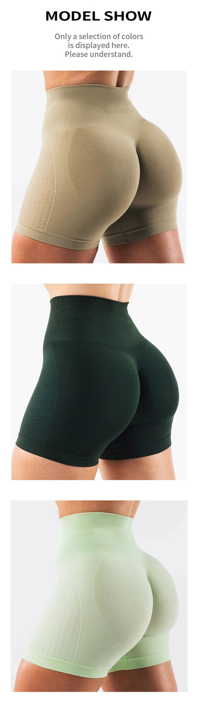 Women showcasing Amplify Contour Shorts in three colors: tan, dark green, and light green for active workouts and yoga.