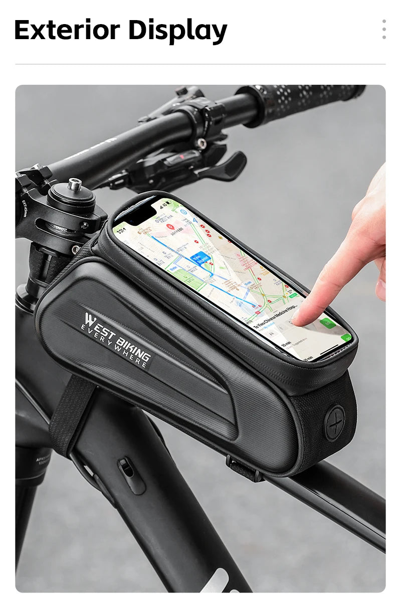 West Biking 7" bike phone bag showcasing touchscreen feature and waterproof design mounted on bicycle.