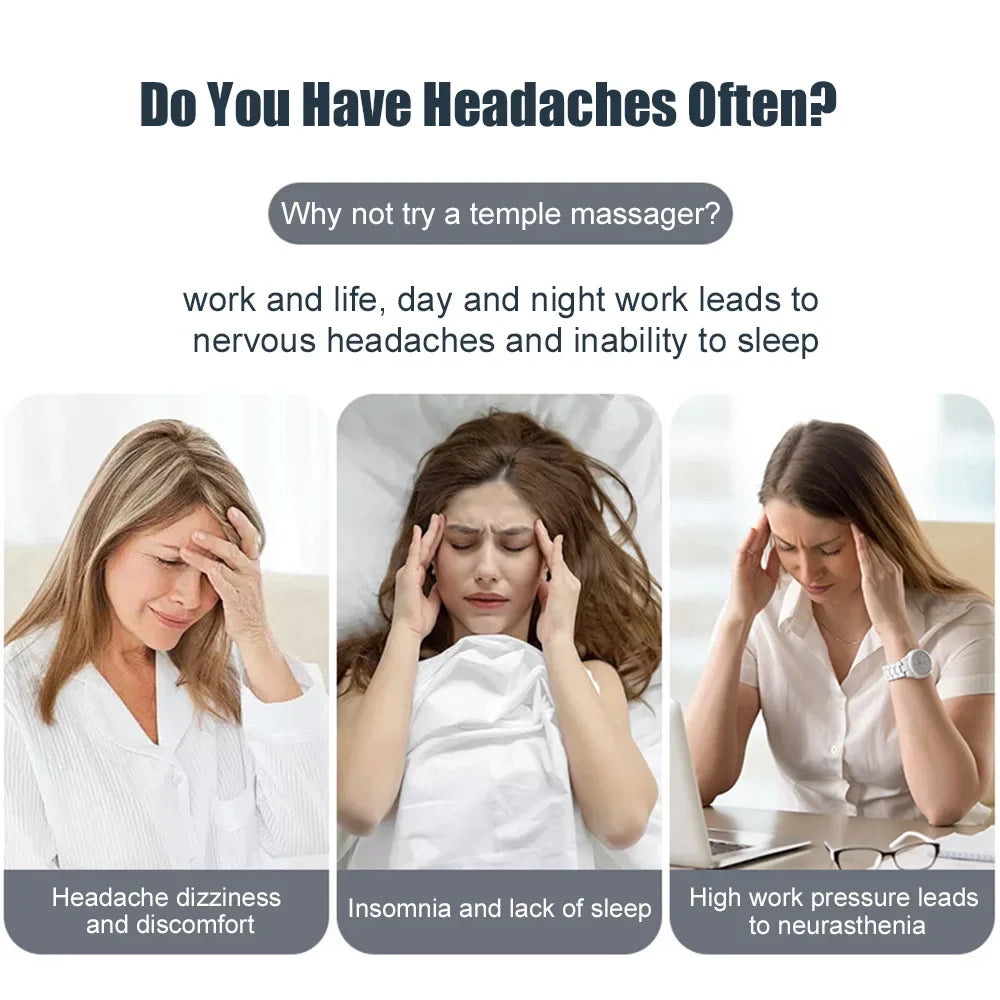 Image depicting individuals experiencing headaches and stress, promoting the benefits of a temple massager for relief.
