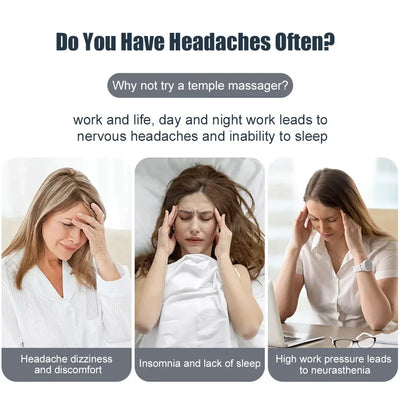 Image depicting individuals experiencing headaches and stress, promoting the benefits of a temple massager for relief.
