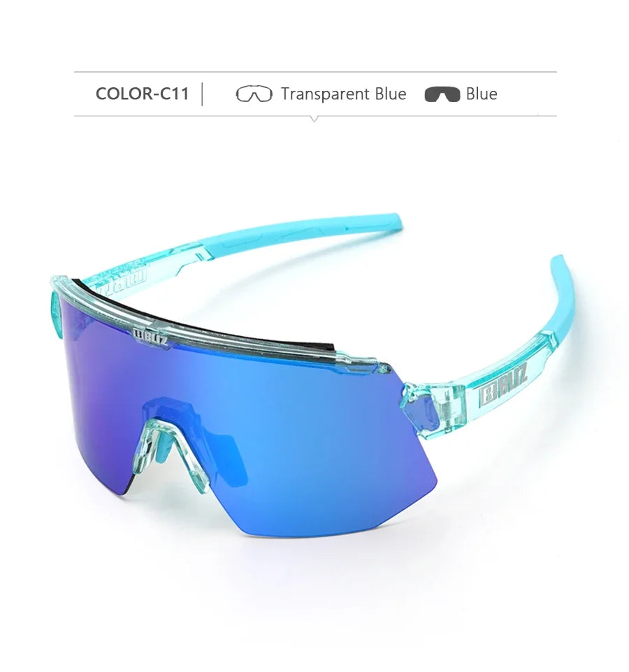 BLIZ Breeze polarized cycling sunglasses in transparent blue with UV protection for MTB and road biking.