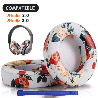 KUTOU earpads compatible with Beats Studio 2.0 and 3.0, featuring floral design, ideal for headset replacement cushions.