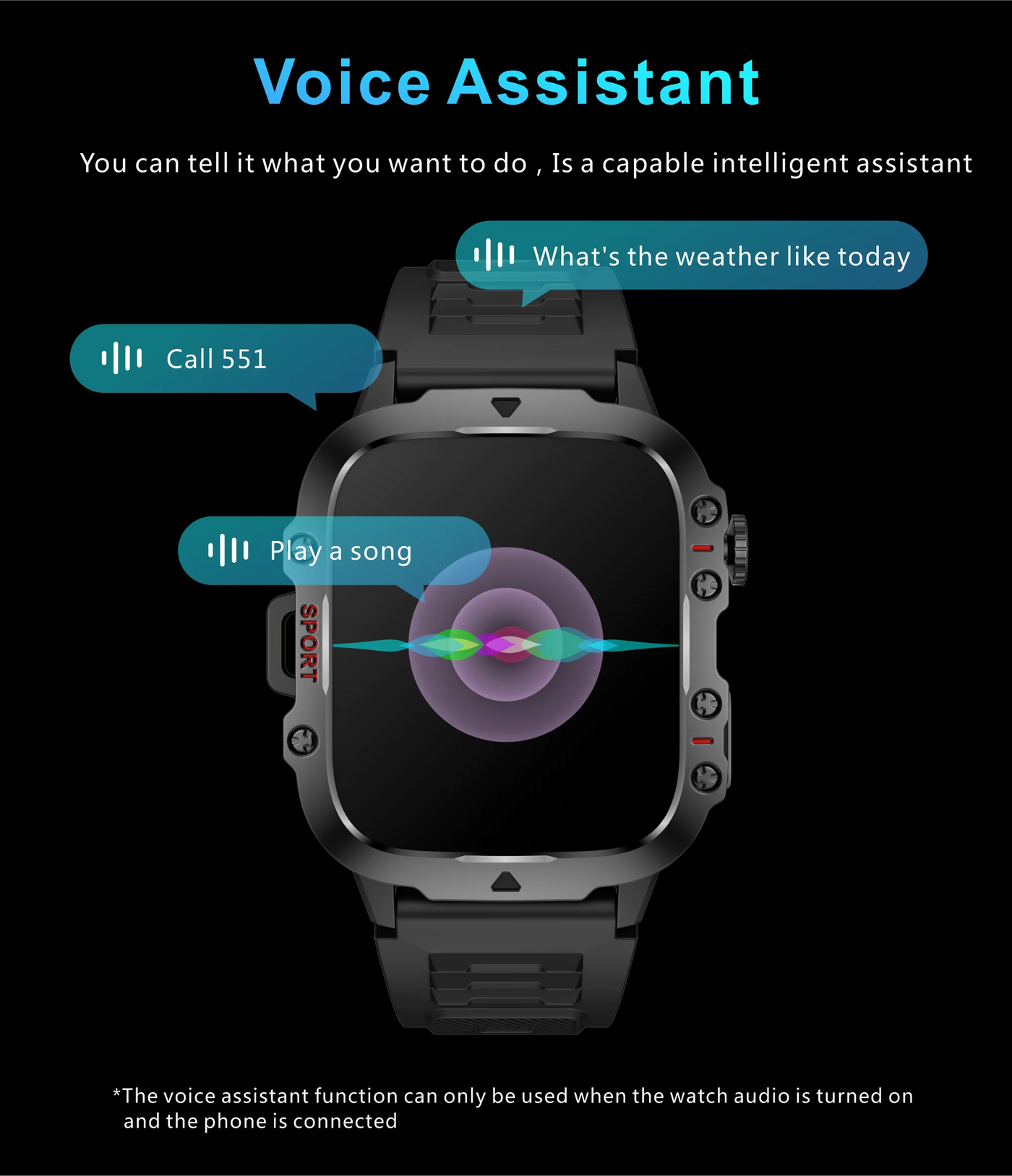 Rugged military smart watch with voice assistant features, displaying commands like 'Call 551' and 'Play a song'.