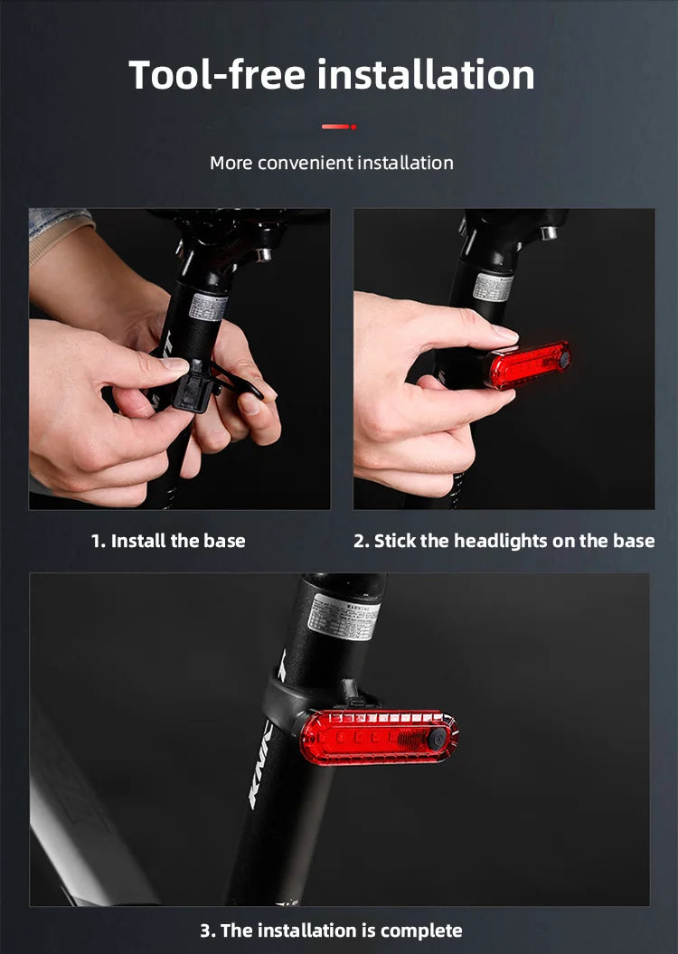 Step-by-step guide for tool-free installation of a USB rechargeable bike tail light.