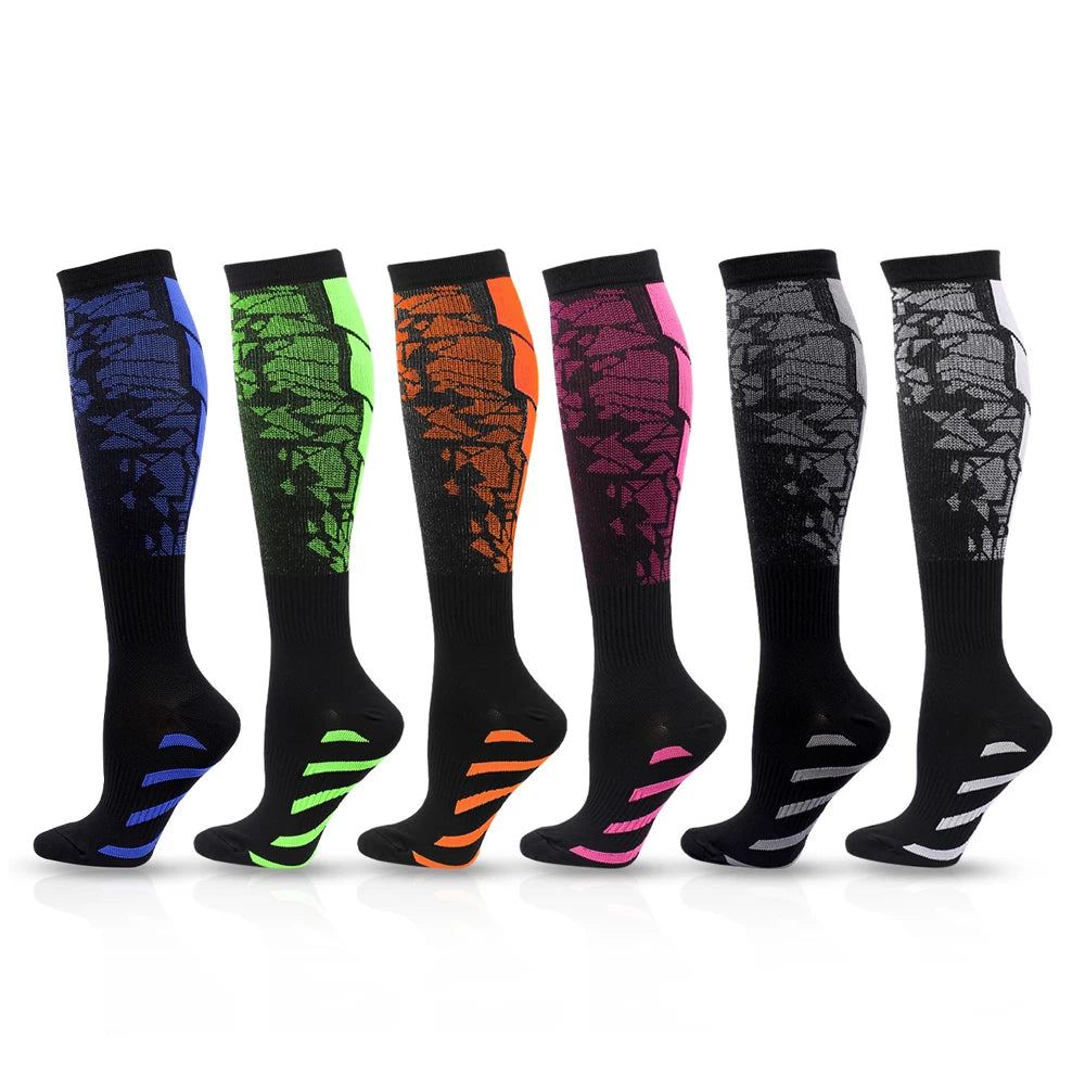 Colorful compression socks for men and women, designed for calf support during running and sports activities.