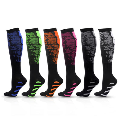 Colorful compression socks for men and women, designed for calf support during running and sports activities.
