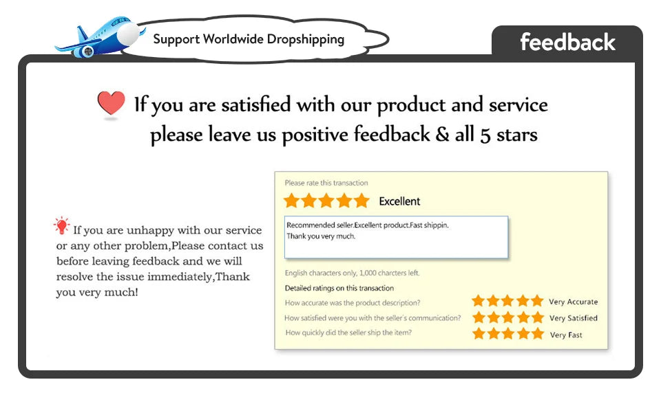 Customer feedback request for positive reviews and ratings for dropshipping services.
