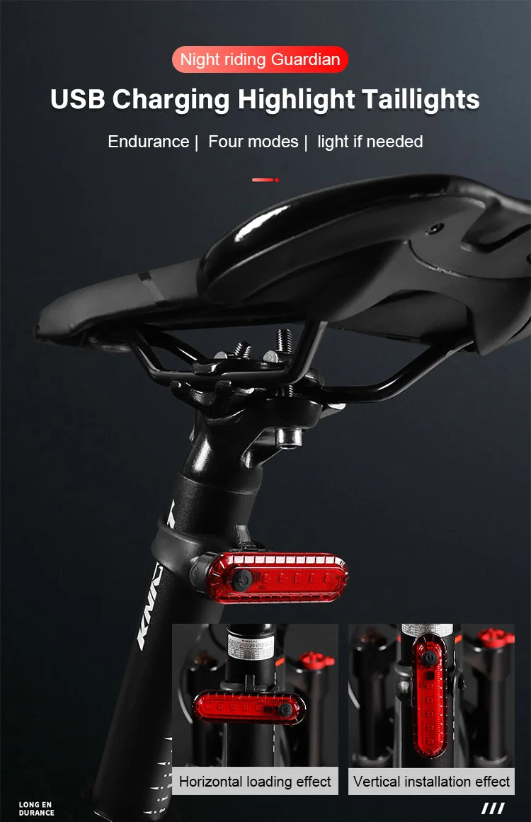 USB rechargeable bike tail light with multiple modes for enhanced cycling safety, mounted on a bicycle seat post.