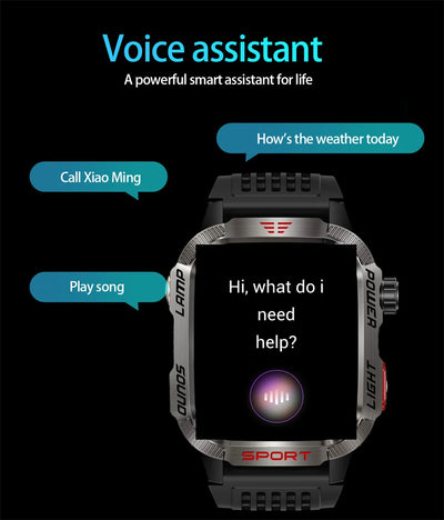 Military GPS smart watch with voice assistant features displayed on screen.