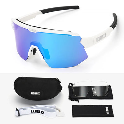 BLIZ Breeze polarized cycling glasses with blue lens, protective case, and accessories for MTB and road biking.