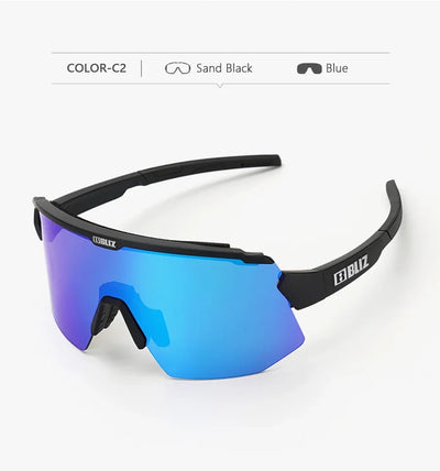 BLIZ Breeze polarized cycling sunglasses in blue with UV400 protection for MTB and road biking.