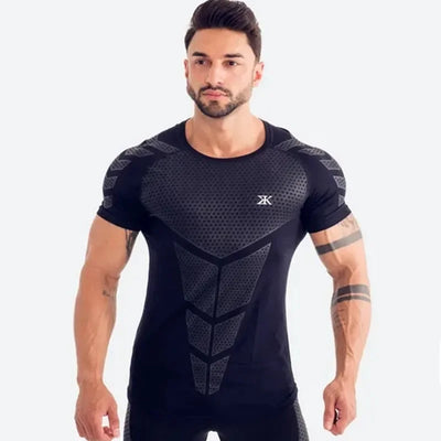 Men's 2024 quick-dry black running sports t-shirt, short sleeves, compression fit for bodybuilding and fitness.