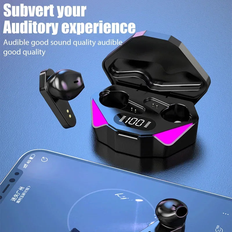 TWS wireless Bluetooth headphones with active noise cancellation and charging case, promoting high-quality sound for gamers.