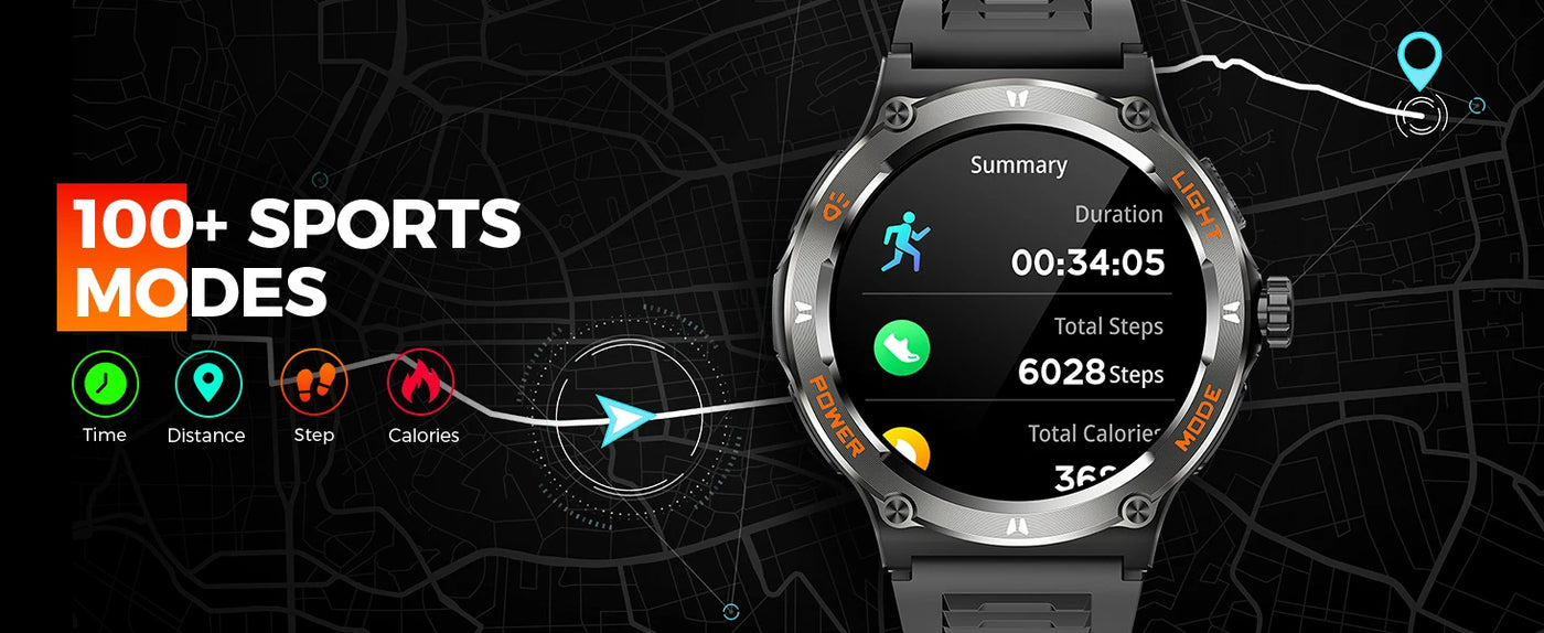 LaNikar Smart Watch display showing 100+ sports modes, tracking steps, duration, calories on a map background.