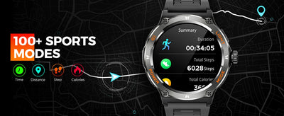 LaNikar Smart Watch display showing 100+ sports modes, tracking steps, duration, calories on a map background.