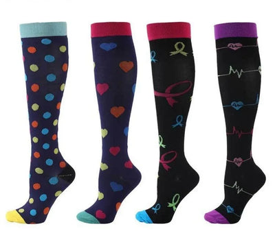 4 pairs of colorful compression socks for varicose veins, nursing, and sports, ideal for men and women.