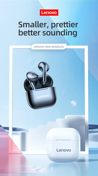 Lenovo wireless Bluetooth earphones showcase with a sleek design and charging case, promoting quality sound and style.
