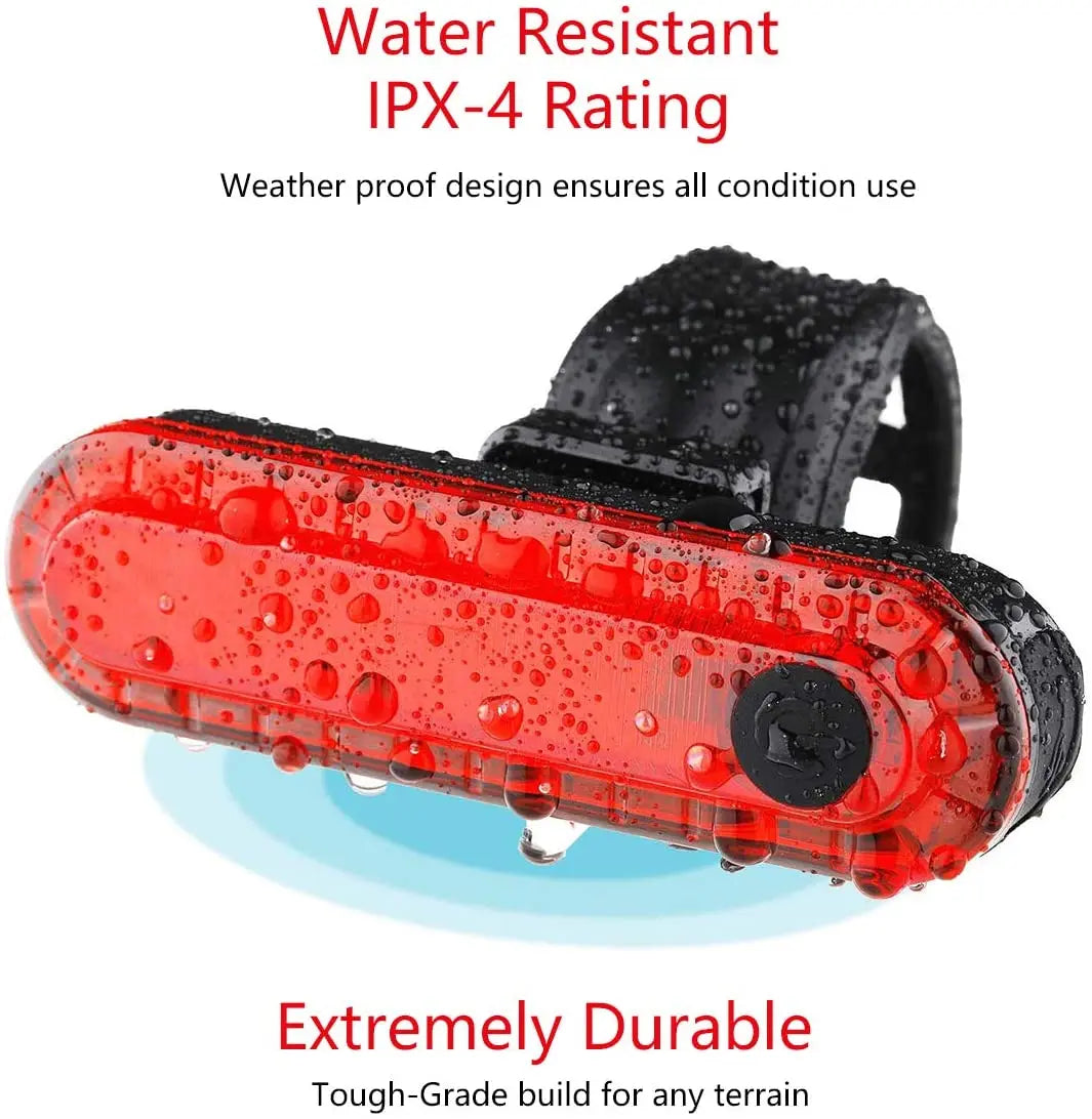 USB rechargeable bike tail light with IPX-4 rating, waterproof design for cycling safety in all conditions.