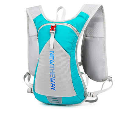 Ultralight waterproof hydration backpack in turquoise and gray, designed for outdoor running and cycling.