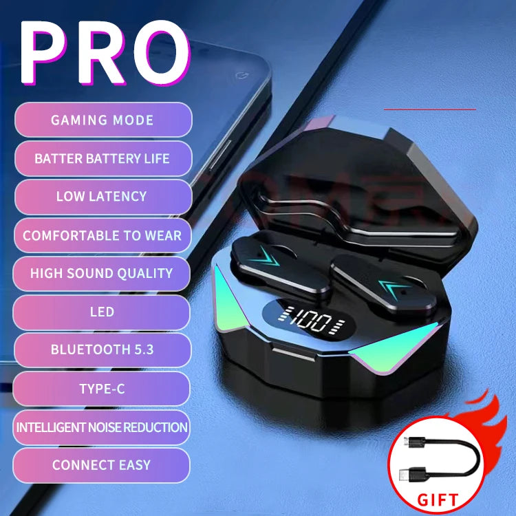 TWS Wireless Bluetooth Headphones with low latency, noise cancellation, and gaming mode, featuring battery life indicator and Type-C charging.