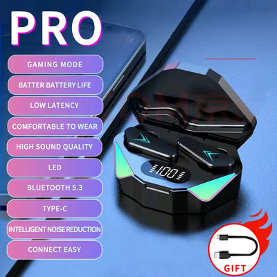 TWS Wireless Bluetooth Headphones with low latency, noise cancellation, and gaming mode, featuring battery life indicator and Type-C charging.