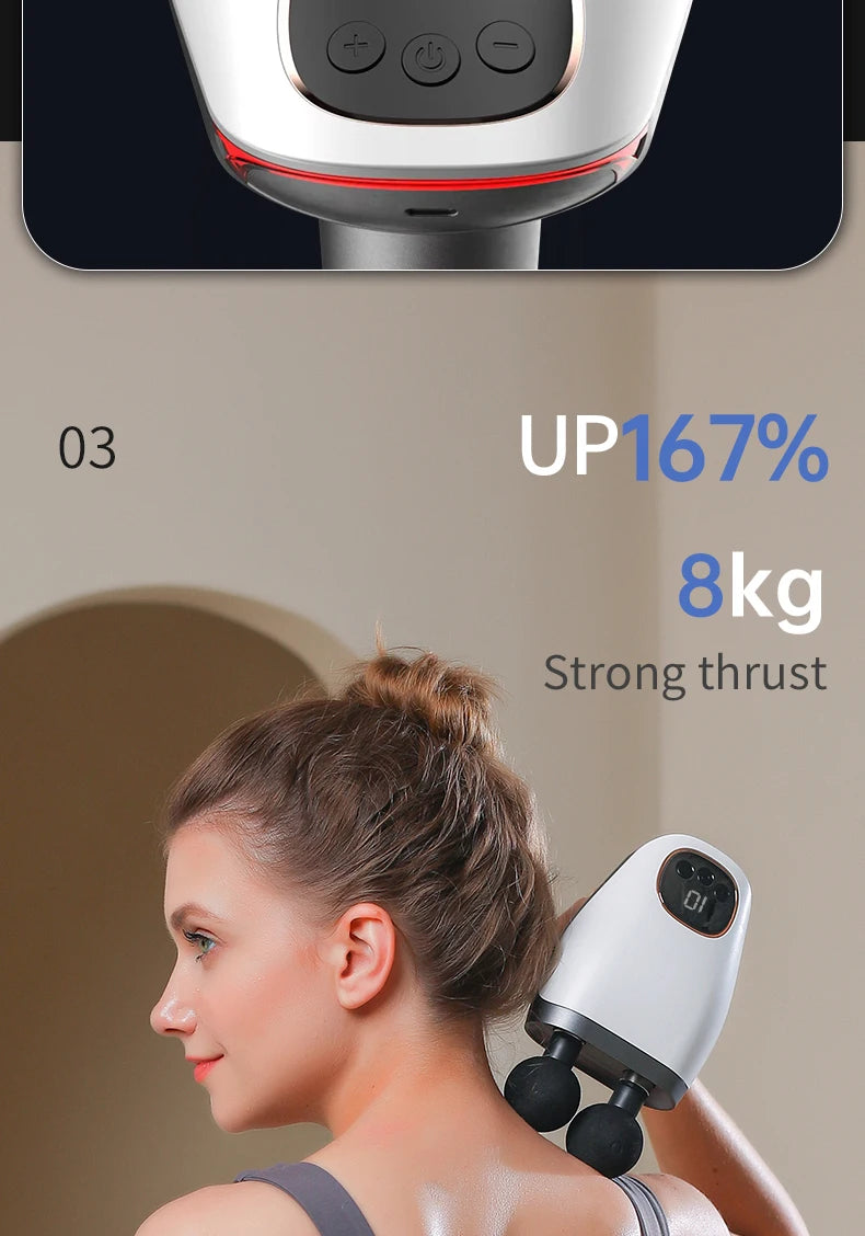 Double-headed massage gun in use, showcasing strong thrust power for effective muscle relief and relaxation.