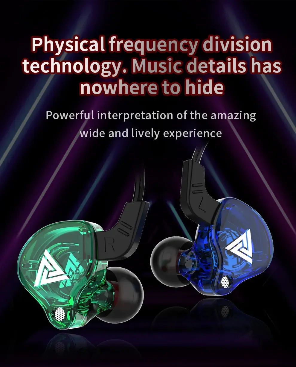 Cable wired earphones in green and blue, showcasing frequency division technology for immersive sound experience.