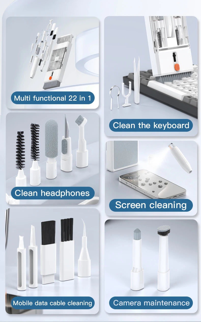 22-in-1 cleaning kit for iPhones, iPads, cameras, keyboards, and headphones with various tools for effective cleaning.