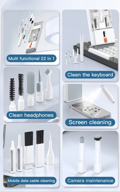 22-in-1 cleaning kit for iPhones, iPads, cameras, keyboards, and headphones with various tools for effective cleaning.