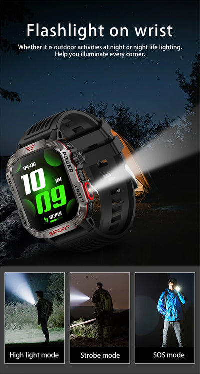 Military GPS smart watch with flashlight feature, displaying time and modes for outdoor activities.