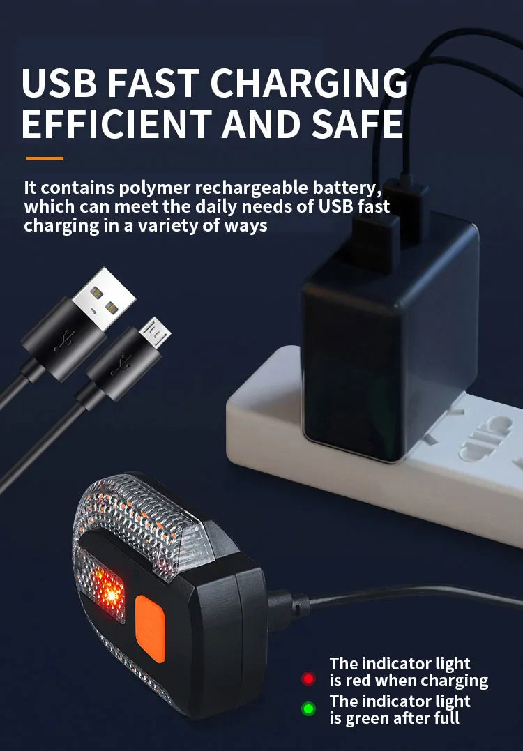 USB fast charging bike taillight with indicator light, showcasing polymer rechargeable battery and charger.