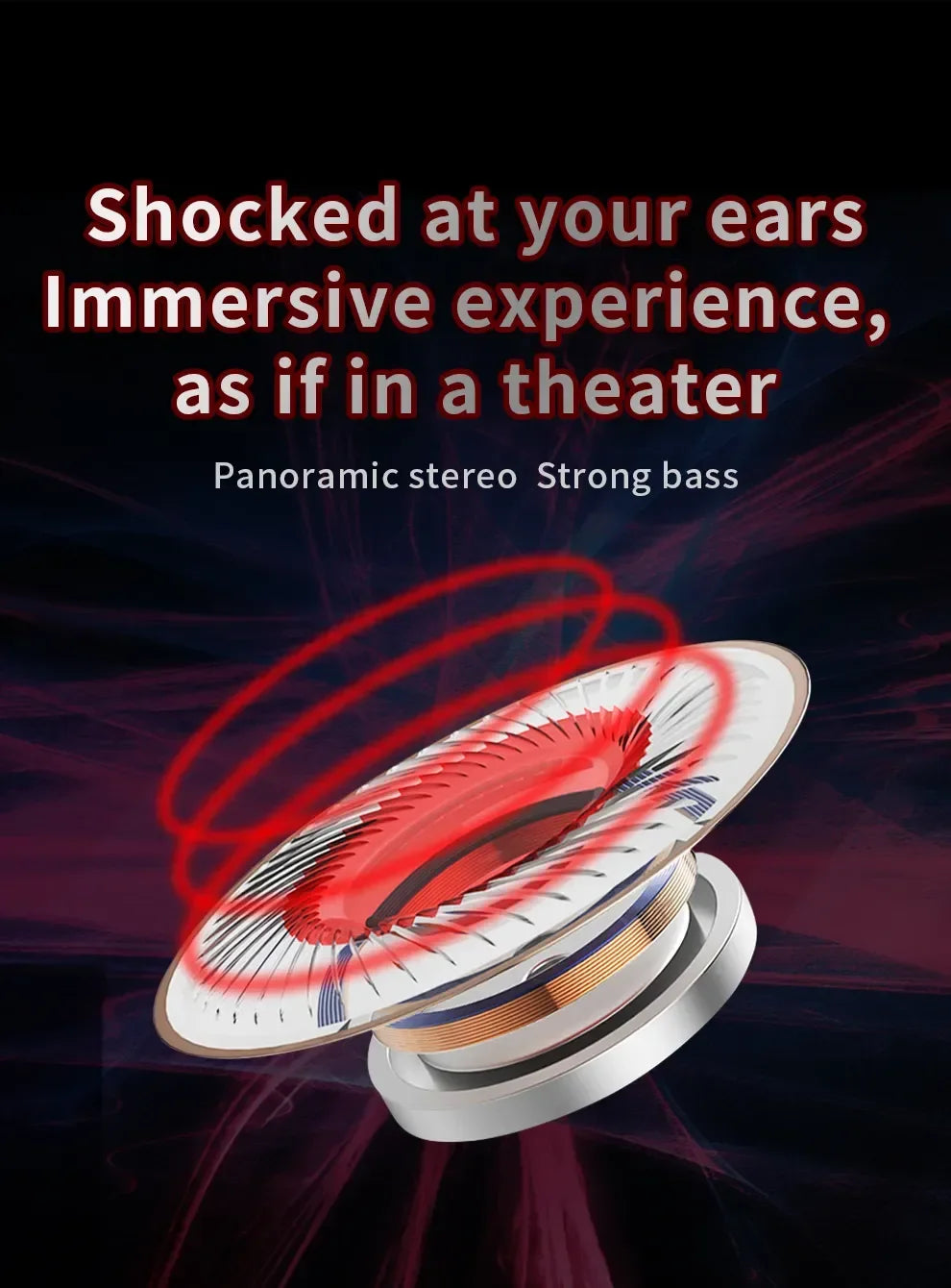 Graphic of wired earphone showcasing immersive sound experience with panoramic stereo and strong bass.
