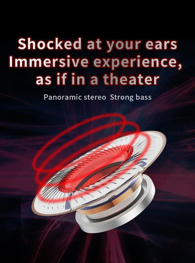 Graphic of wired earphone showcasing immersive sound experience with panoramic stereo and strong bass.