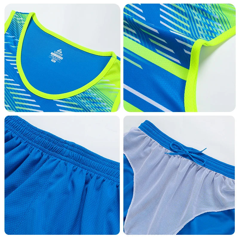 Close-up of custom marathon running suit details, featuring vibrant blue fabric, mesh shorts, and a comfortable design.