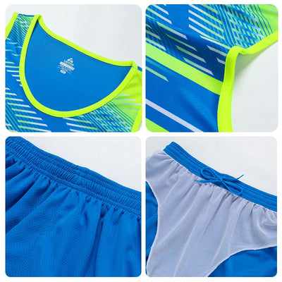 Close-up of custom marathon running suit details, featuring vibrant blue fabric, mesh shorts, and a comfortable design.