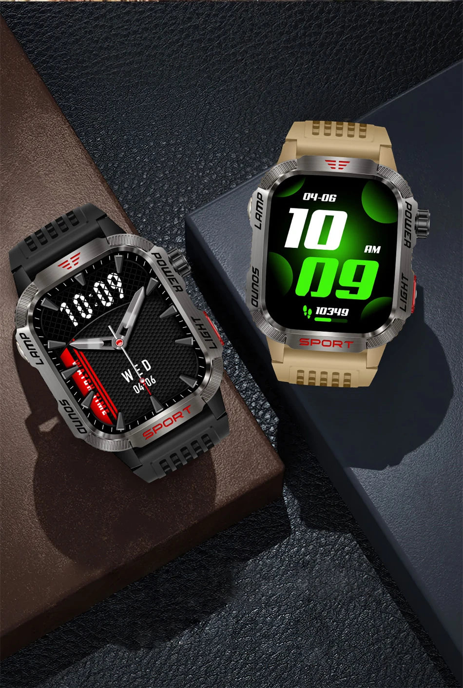Two military GPS smart watches on a leather surface, showcasing digital displays and sporty designs.