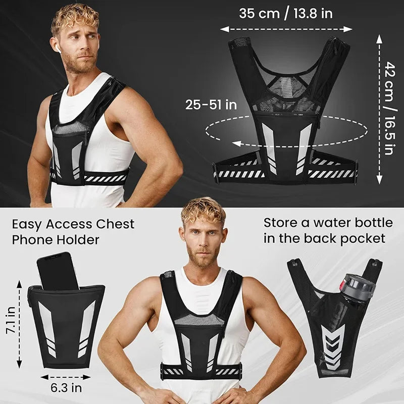 Lightweight reflective running vest backpack with easy access phone holder and water bottle pocket for outdoor sports.