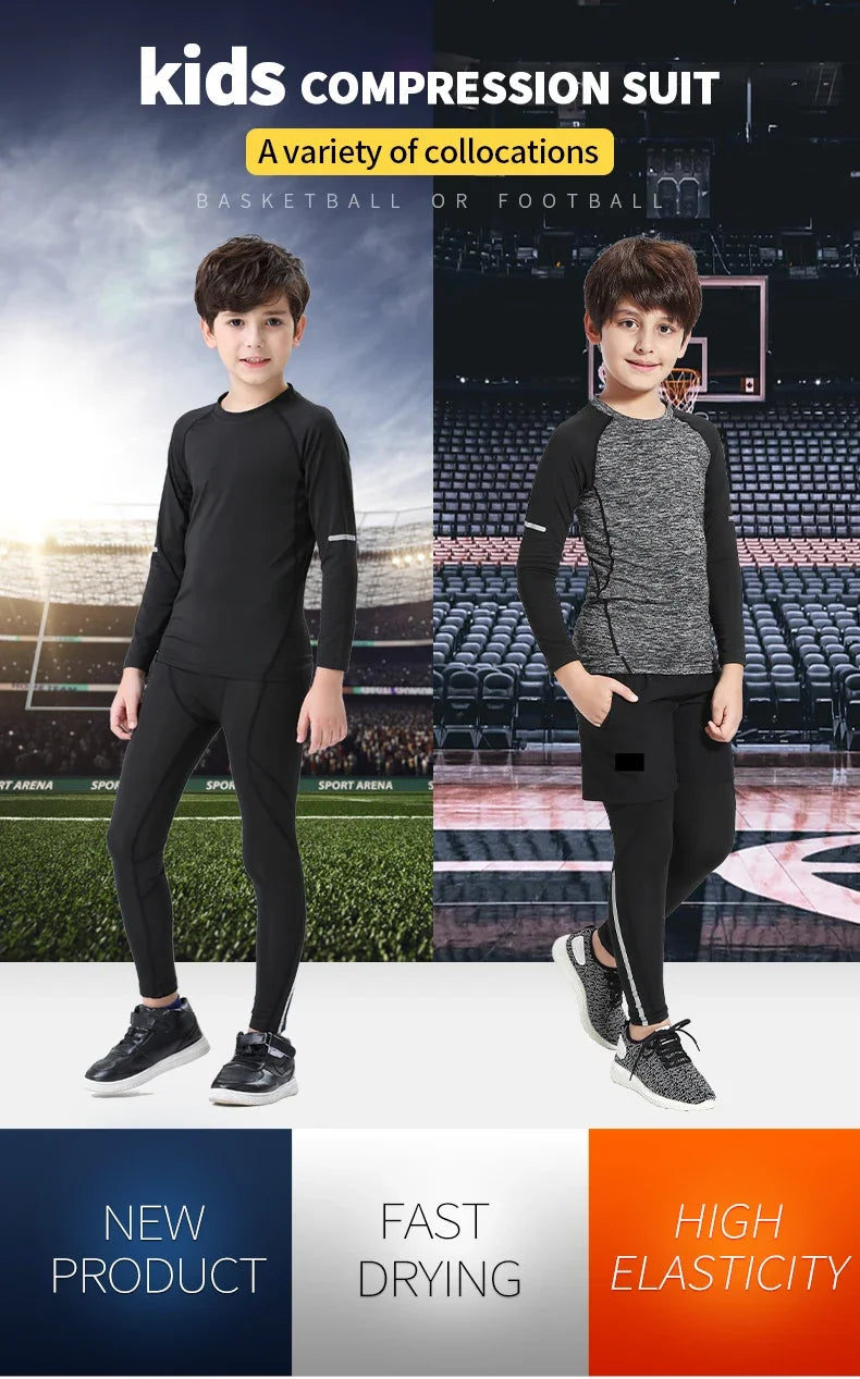 Kids compression sports suit showcasing a variety of styles for basketball or football with high elasticity.