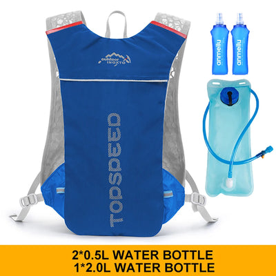Ultralight hydration running vest backpack with water bottles and hydration bladder, designed for outdoor enthusiasts.